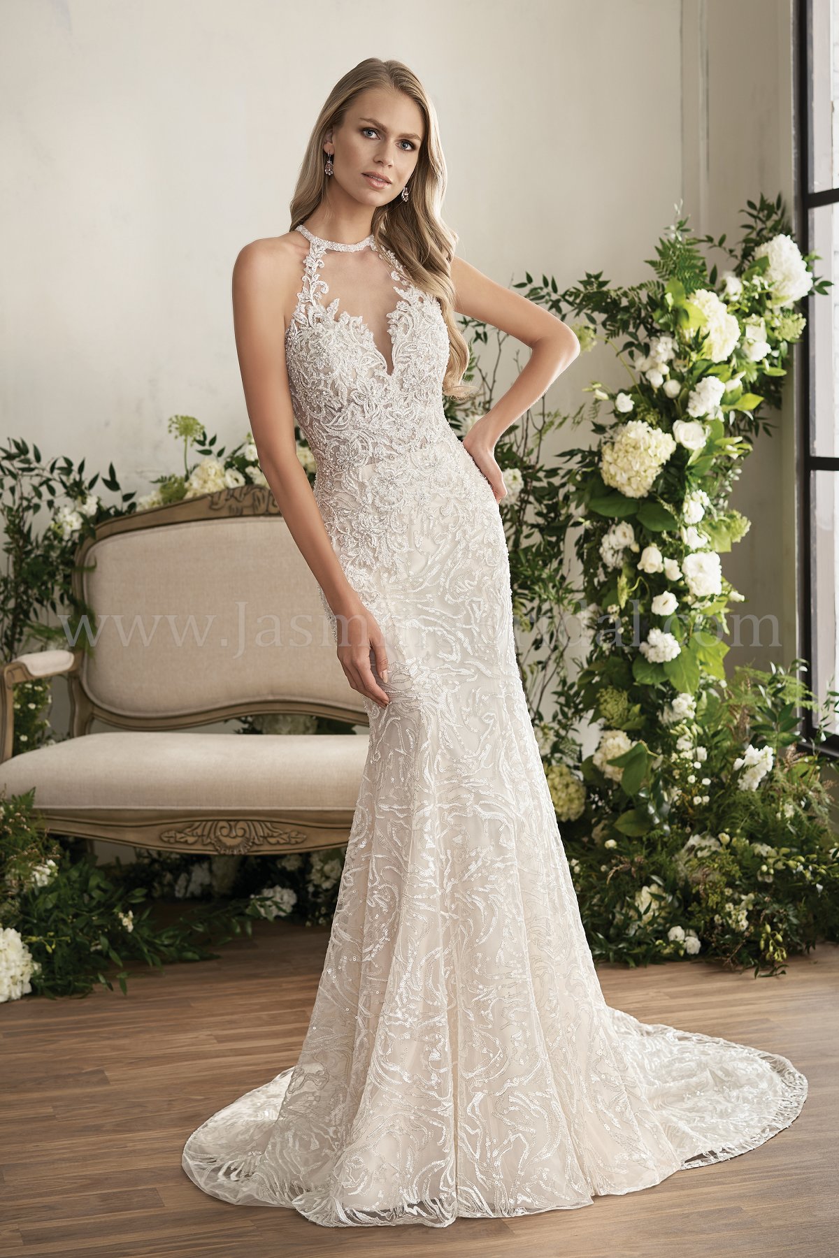 T202004 Illusion Bodice , Halter Illusion Neckline Embroidered Lace