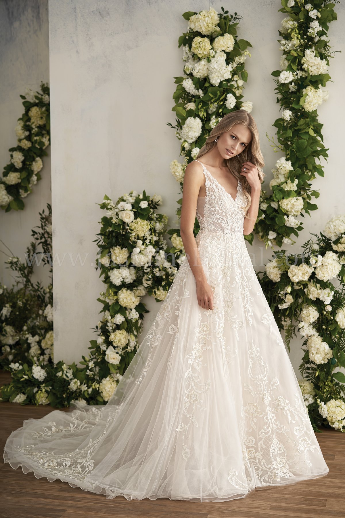 T202013 Illusion Bodice , V-neck Tulle Ball Gown Wedding Dress with  Embroidery & Beading