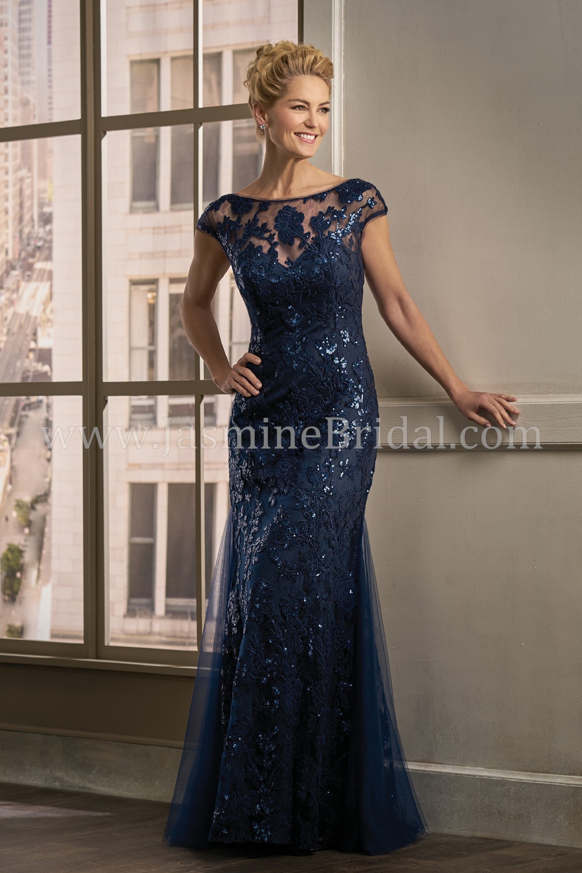 K198011 Long Boat Neckline Sequin Lace w/ Netting MOB Dress